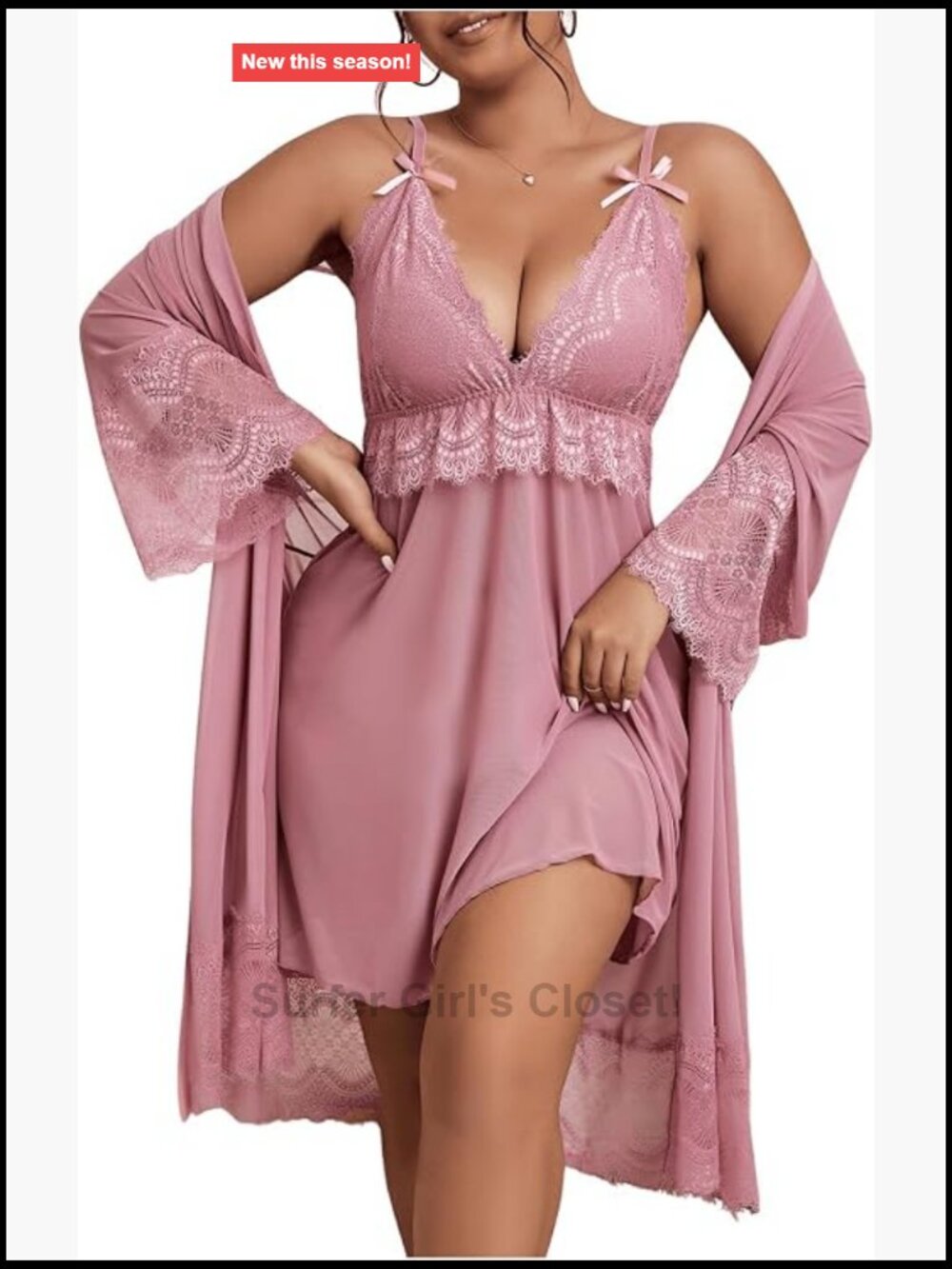 Plus Size Lace Wrap Robe & Cami Pajama Set Silk Touch Lounge Wear